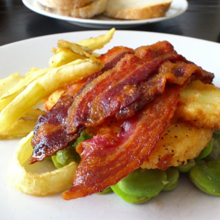 My broad beans topped with halloumi and bacon