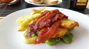 My broad beans topped with halloumi and bacon
