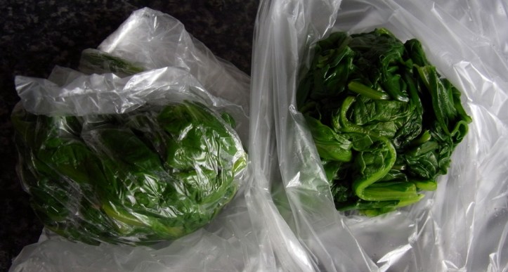 Wilted spinach, ready for freezing