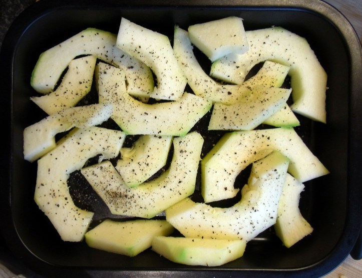 Chop and core courgette, season