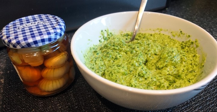 Rocket pesto. And some home-grown pickled onions.