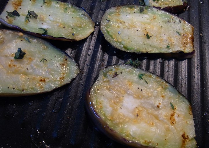 Griddling aubergines with thyme and oregano